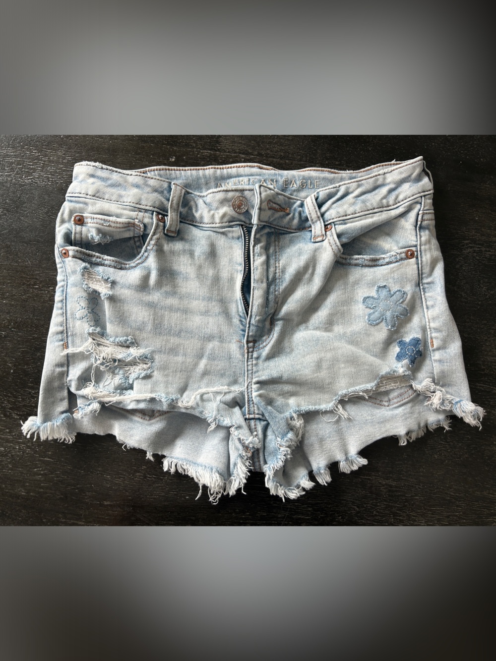 American Eagle Outfitters Light Blue Distressed Denim Shorts with Floral Patches